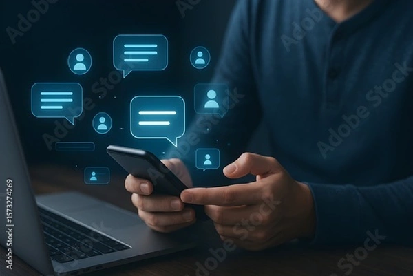 Fototapeta A man sits at a desk using a smartphone, with glowing chat bubbles and user icons floating above.