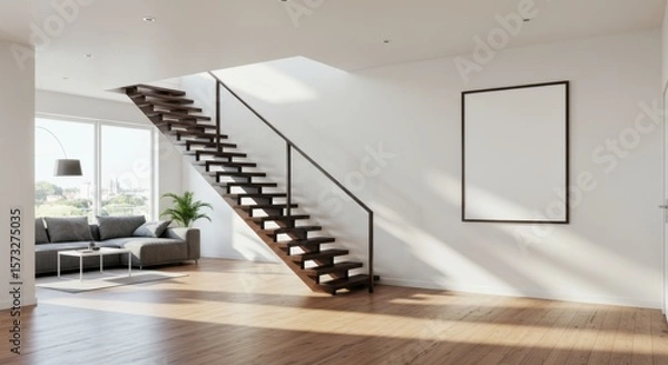 Fototapeta Modern Interior Staircase: A spacious and bright interior features a modern staircase, blending architectural design with natural light, creating a sense of openness and elegance.
