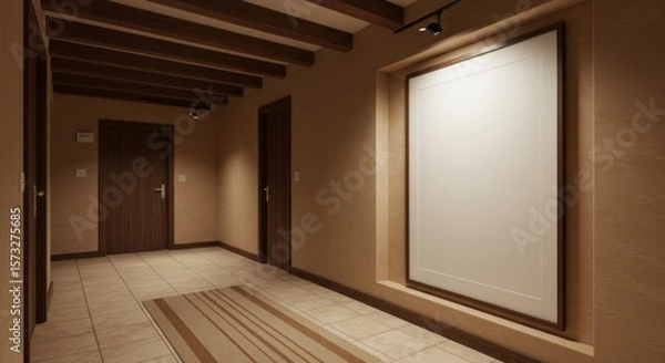 Fototapeta Elegant Hallway: A beautifully lit interior hallway with a modern design. Beige tones, wooden beams, and a neutral rug create a warm and inviting atmosphere, ideal for interior design concepts.