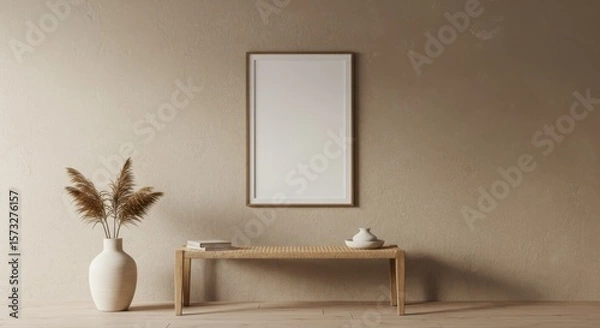 Fototapeta Blank Frame Elegance: Minimalist interior featuring a blank picture frame hanging above a sleek wooden bench adorned with vases and books, ready to showcase your artwork.