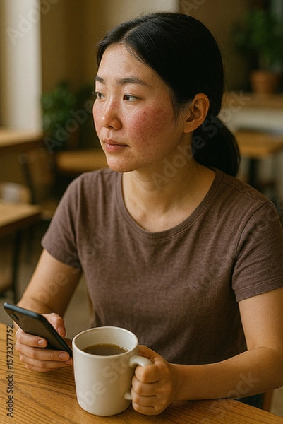 Fototapeta Young woman using smartphone and drinking tea in a cafe