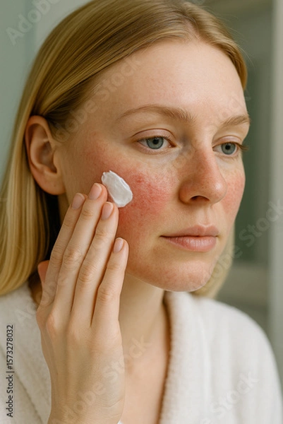 Fototapeta Woman applying cream on face suffering from rosacea skin condition