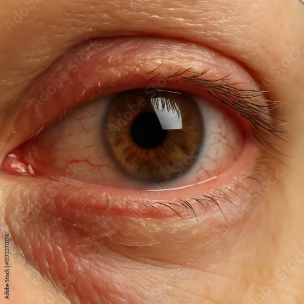 Fototapeta Brown eye showing red vessels and wrinkles around it