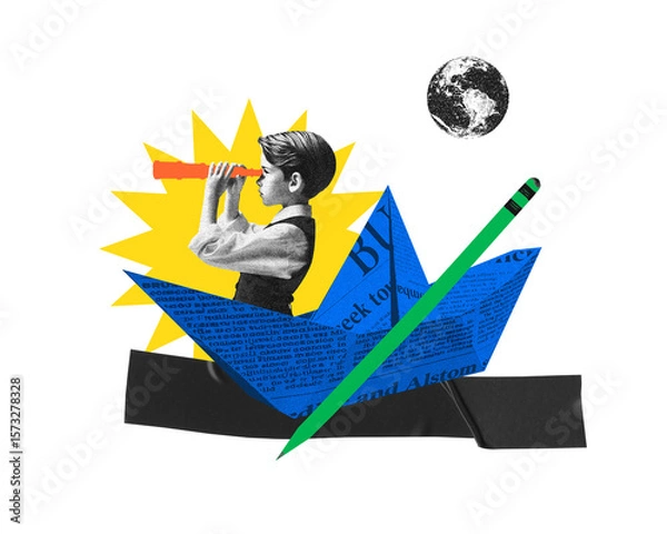 Fototapeta Surreal retro collage of a boy on a paper boat with a telescope, Earth in space, pencil and vintage newspaper cutouts
