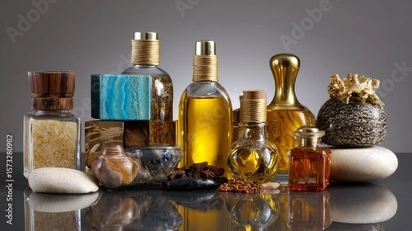 Fototapeta Luxury beauty and skincare products with bottles and soap blocks styled on reflective surface for product branding