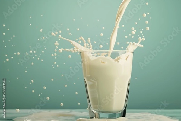 Fototapeta Splashing stream of fresh milk pouring into a clear glass on pastel background