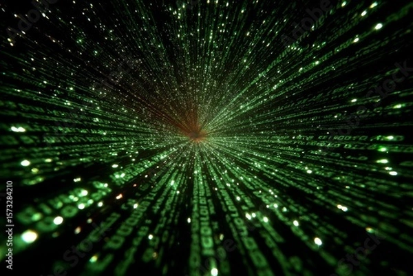 Fototapeta DMT laser experiment with glowing orange computer code code. Background tech image. Digital highway. Data stream