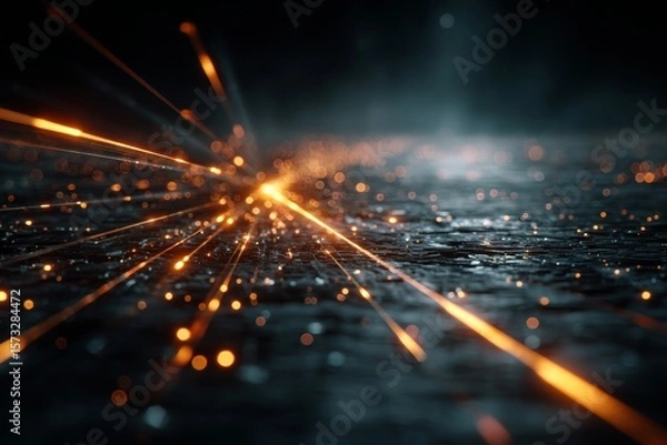 Fototapeta DMT laser experiment with glowing orange computer code code. Background tech image. Digital highway. Data stream