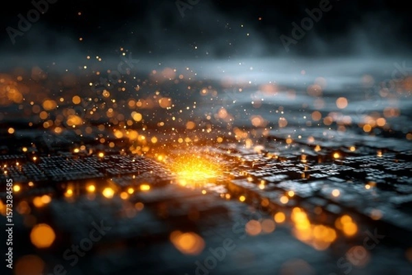 Fototapeta DMT laser experiment with glowing orange computer code code. Background tech image. Digital highway. Data stream