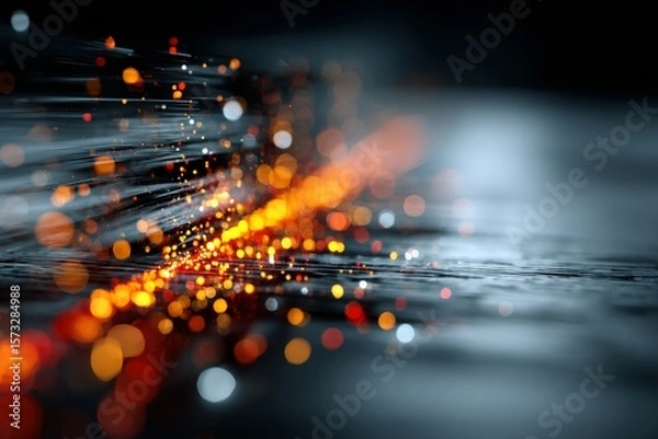 Fototapeta DMT laser experiment with glowing orange computer code code. Background tech image. Digital highway. Data stream