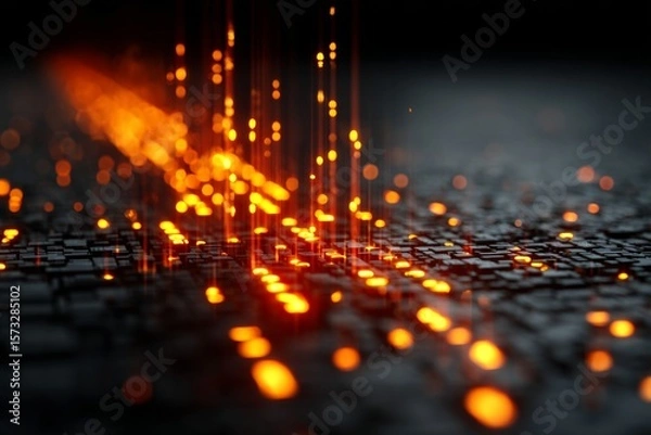 Fototapeta DMT laser experiment with glowing orange computer code code. Background tech image. Digital highway. Data stream
