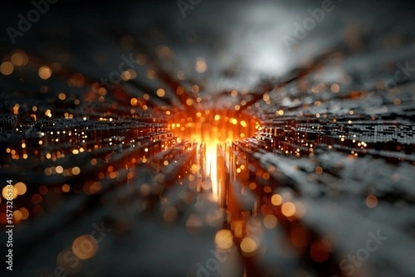 Fototapeta DMT laser experiment with glowing orange computer code code. Background tech image. Digital highway. Data stream