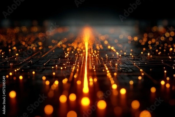 Fototapeta DMT laser experiment with glowing orange computer code code. Background tech image. Digital highway. Data stream