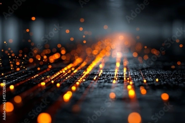 Fototapeta DMT laser experiment with glowing orange computer code code. Background tech image. Digital highway. Data stream