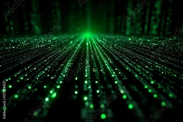 Fototapeta DMT laser experiment with glowing orange computer code code. Background tech image. Digital highway. Data stream