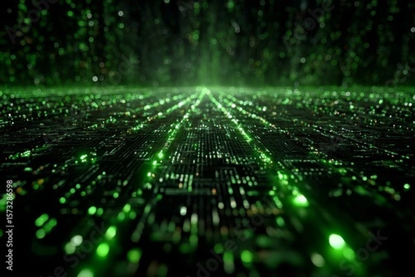 Fototapeta DMT laser experiment with glowing orange computer code code. Background tech image. Digital highway. Data stream