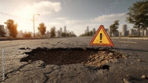 Fototapeta Warning sign showing pothole damage on asphalt road in the city