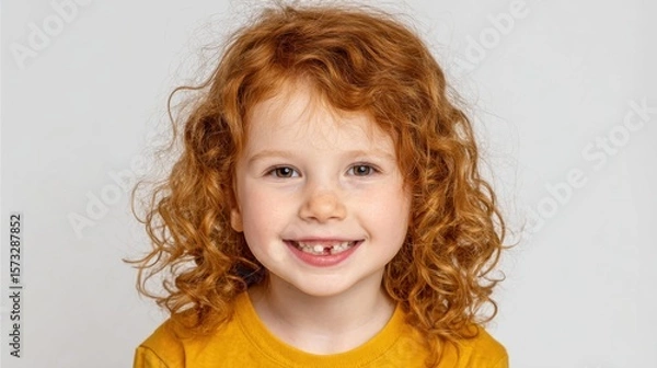 Fototapeta Portrait of smiling redhead girl showing missing tooth