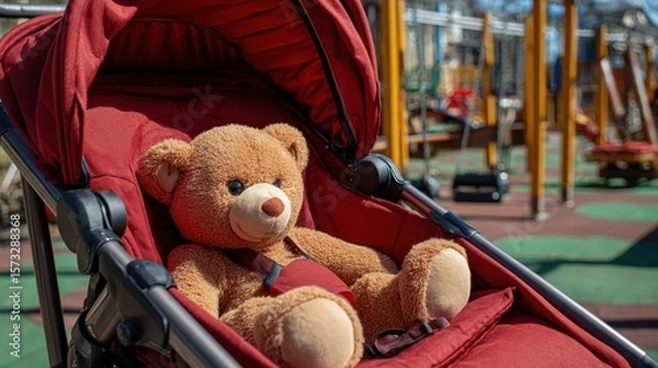 Fototapeta Teddy bear sitting in red stroller at playground enjoying sunny day