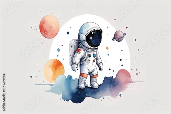 Fototapeta watercolor of a cute cartoon astronaut
