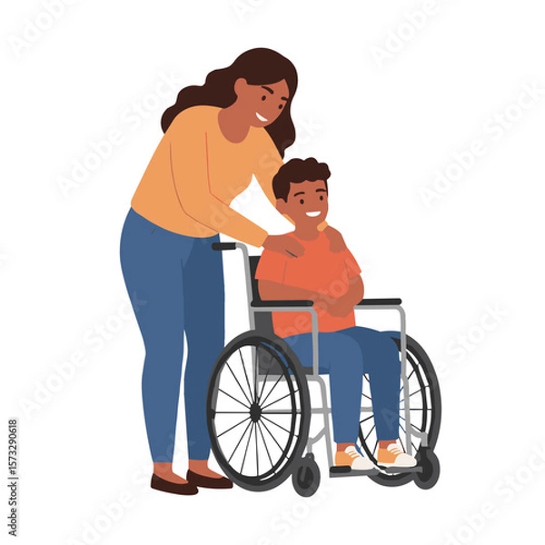 Fototapeta Woman with disabled child smiling. Flat vector isolated on transparent background