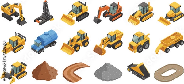 Fototapeta Isometric construction vehicle icon set, heavy machinery 3D illustration with excavators, bulldozers, loaders, dump trucks, perfect for industrial design.