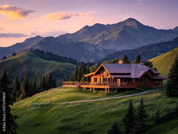 Fototapeta A cozy wooden chalet nestled on a sunny green slope, surrounded by pine trees and majestic snow-covered mountain peaks in the distance. Morning mist rises from the valley, and golden light bathes the 