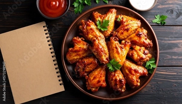 Fototapeta Crispy grilled wings served with ketchup and textured brown notebook