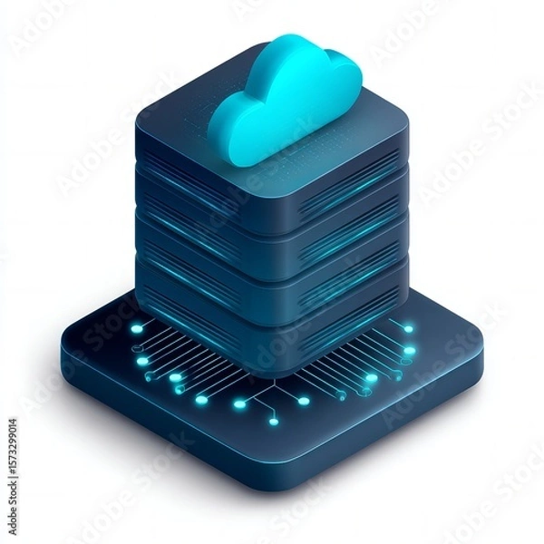 Fototapeta isometric icon of a cloud server stack connected with digital nodes and data streams, tech blue and cyan colors, elegant modern flat vector style