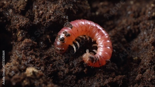 Fototapeta Close-up of a pinkish worm in dark soil