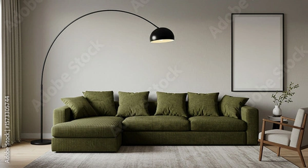 Fototapeta Minimal interior with vertical black frame and olive green couch under arc lamp – elegant and cozy living room setup for branding posters or canvas mockup display