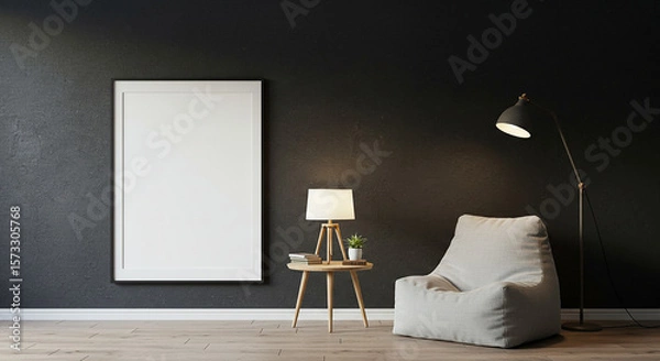 Fototapeta Vertical frame mockup above olive green sofa with arc floor lamp – modern minimal interior layout with contrast tones for artwork or branding display