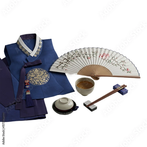 Obraz Korean Hanbok Tea Ceremony Set and Folding Fan Asian Culture and Tradition Visuals