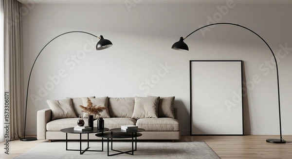 Fototapeta Neutral living room mockup with wall-mounted frame, beige sofa and black arc lamp – modern soft decor for artwork or branding poster display