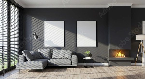 Fototapeta Vertical and square frame mockup on white wall in gray-themed interior with large sofa and natural sunlight – modern minimalist layout for poster or artwork branding