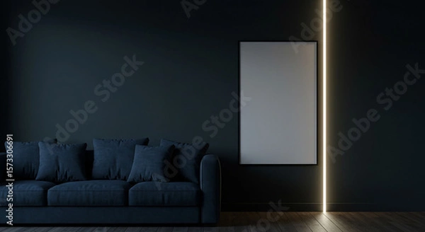 Fototapeta Black vertical frame mockup in dark living room with moody lighting – minimal home interior scene with navy sofa for branding, poster art, or digital canvas showcase