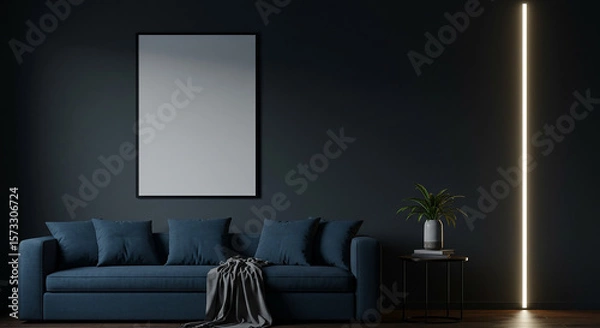 Fototapeta Vertical wall frame mockup in black living room with deep blue sofa – modern minimalist design for artwork or poster display in moody home interior setting