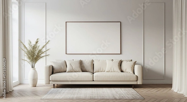 Fototapeta Soft beige-toned interior with horizontal wall frame mockup above modern sofa – cozy Scandinavian-style living room setup for branding, prints, or poster artwork display