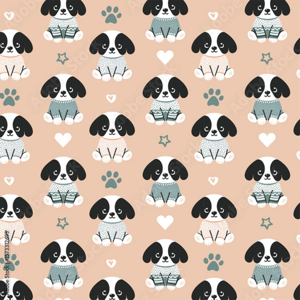 Fototapeta Children's pattern with puppies in spotted sweaters, also with hearts, stars and paw prints (pastel colors)
