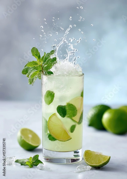 Obraz Refreshing mojito splash with lime and mint on ice against a bright background