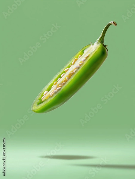 Obraz Sliced green jalapeño pepper with seeds on green background