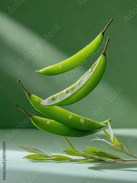 Obraz Floating green pea pods with leaves on green background