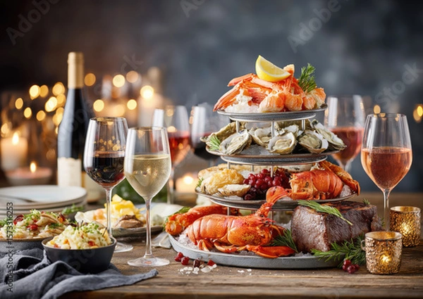 Obraz Elegant seafood and steak feast with wine in candlelit setting
