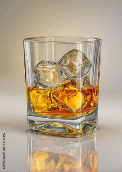 Obraz Glass of whiskey with ice cubes on reflective surface