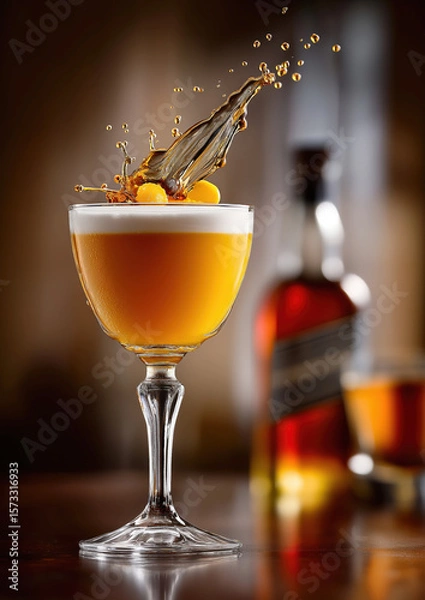 Obraz Dynamic splash in whiskey sour cocktail with garnish and blurred bottle