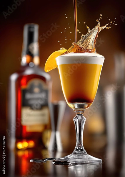 Obraz Splashing cocktail with orange garnish and cognac bottle in background
