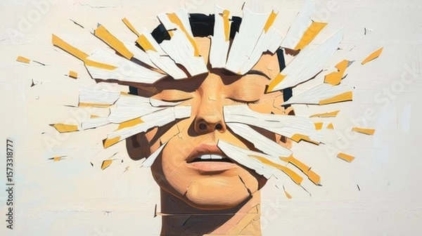 Fototapeta A striking artistic representation of a face breaking through layers, symbolizing struggle and breakthrough.