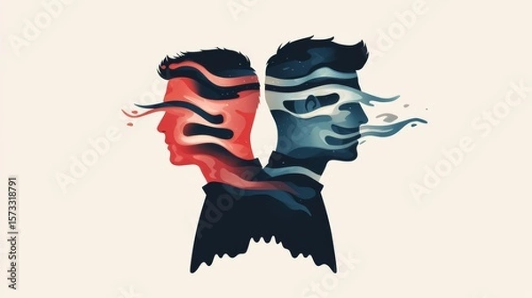 Fototapeta A creative illustration of two human profiles merging with colorful waves, representing emotions and thoughts.