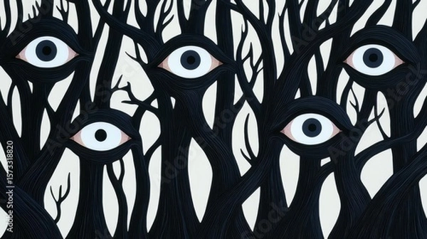 Fototapeta A surreal illustration featuring haunting eyes peering through black tree branches, evoking mystery and intrigue.