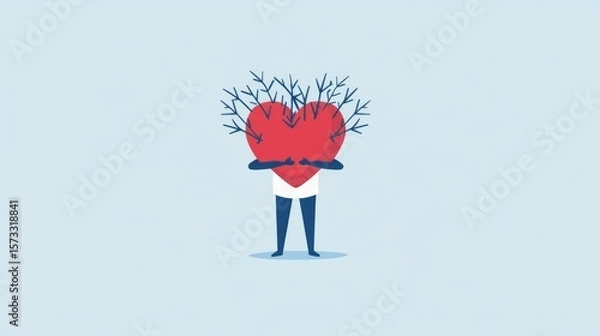 Fototapeta An illustration of a person hugging a heart intertwined with branches, symbolizing love and nature's connection.